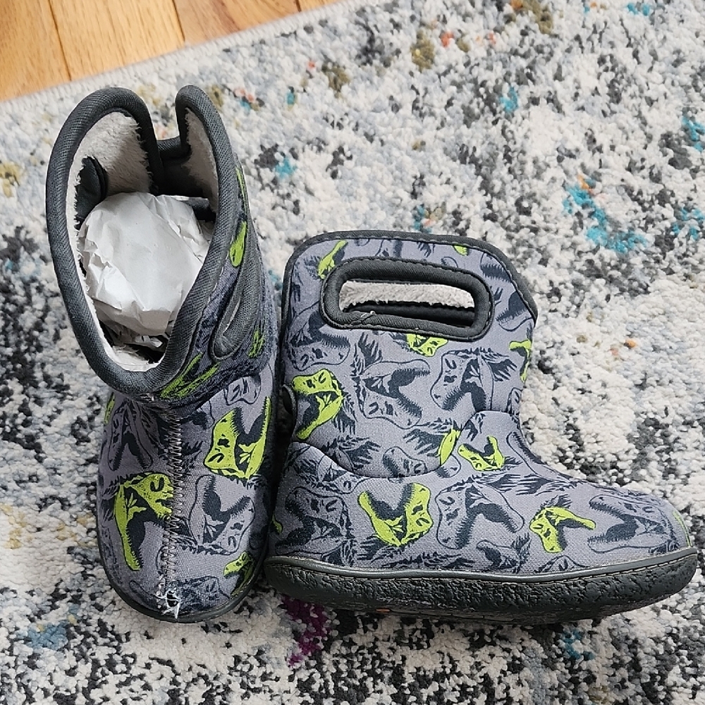 Bogs Kids Gray and Green Dinosaur Boots